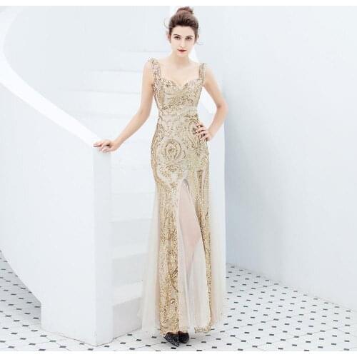 Gold Sequined Mesh Spaghetti Strap V Neck Mermaid Sexy Formal Long Dress Elegant Women Summer Cocktail Party Dresses Club Wear