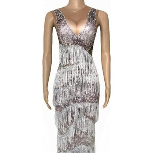 Gray Tassel Rhinestones Printed Long Style Dress Womens Birthday Party Wear Nightclub Female Singer Show Sexy Summer Dresses