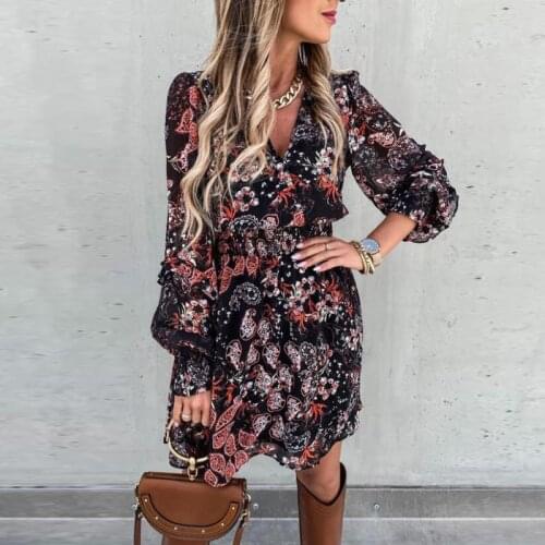 Women Elegant Ruffle Autumn Dress Casual V Neck Long Sleeve Elastic Waist Party Dress Fashion Floral Printed Loose Mini Dresses