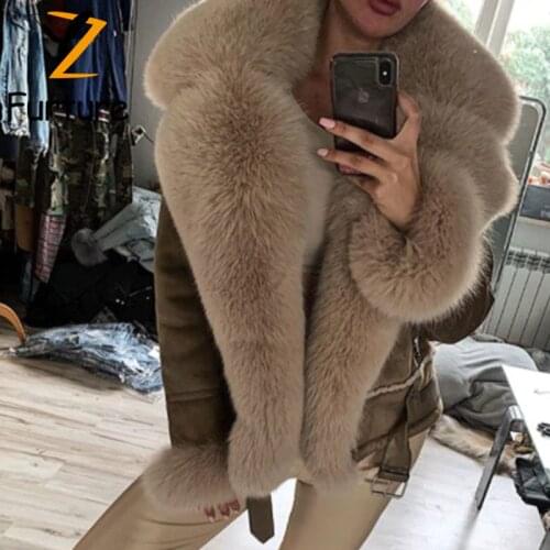 Women Fashion Clothing Real Fox Fur Coat Splicing Winter Sheepskin Leather Jacket With Fur Collar Natural Fox Fur Outwear Lady