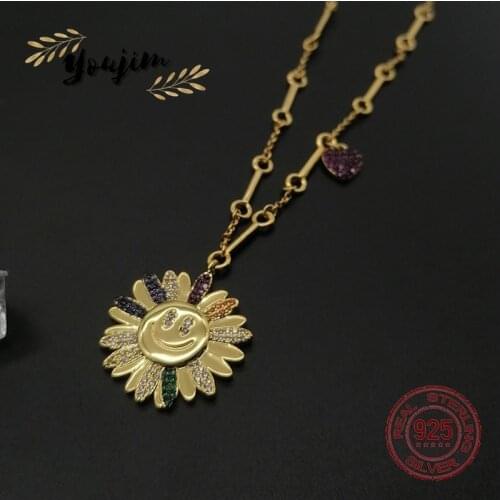 New Light Luxury Women Sun Flower Smiley Face Zircon 925 Silver Necklace Fashion Monaco Exquisite Jewelry Gift