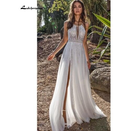 Robe mariée 2021 High Split Lace Chiffon Backless Off Shoulder Wedding Dresses Beach Sexy vestido de fiesta de boda Lakshmigown