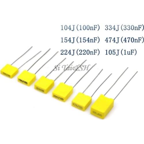 100pcs Polypropylene Safety Plastic Film 100V 1nF ~ 470nF 100nf 220nf 10nf 47nf 22nf 1nf 0.47uf 0.1uf Correction capacitor