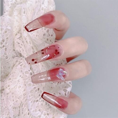 24pcs Cherry Red Wear Long Paragraph Fashion Manicure Patch False Nails Save Time Wearable Nail Patch DL