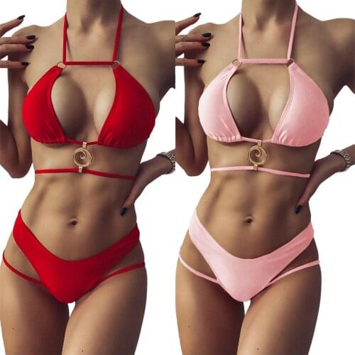 Bandage Hollow Out Two Piece Swimwear Womens Sexy Two Piece Bikini Suits Fashion Metal Ring Halter Tops Straps Low Waist Thong