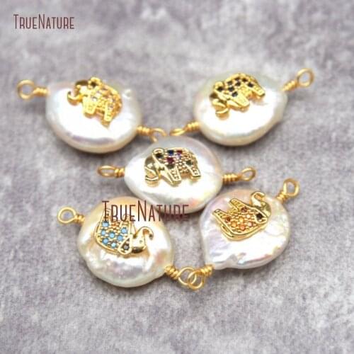 CZ Pave Gold Elephant Connector Round Freshwater Pearl Pendant 12x21mm PC27259