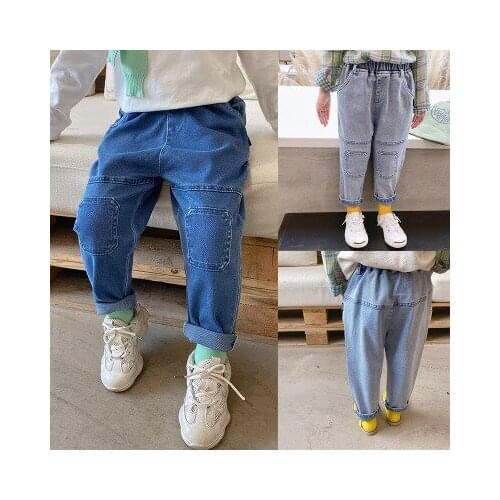 Childrens Denim Pants Korean Childrens Jeans Autumn 2020 New Boys and Girls Patch Washed Denim Casual Pants Kids Jeans Trouser