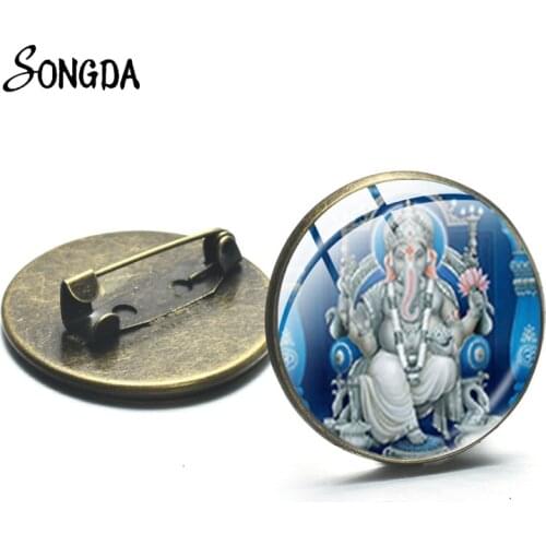 Ganesha Buddha Elephant Brooch Pin Hindu Elephant Lord Lotus Meditation Spiritual Glass Pendant Badge For Women Men Jewelry Gift
