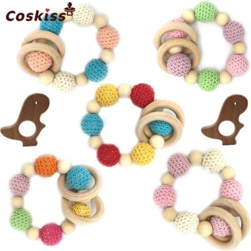 2pcs Crochet Beads Teething Ring Natural Round Wood Bracelet Baby Newborn Mom Kids Wooden dinosaur Teether Toy