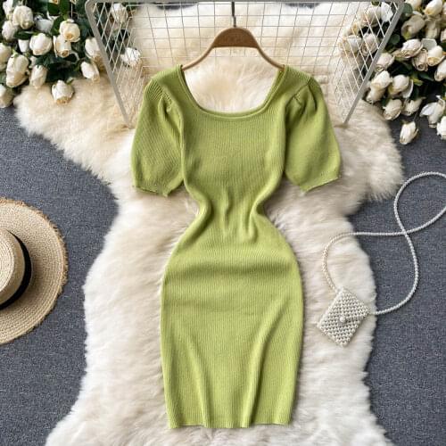 Summer Hot Spring Dresses Slim-fit Short Stretch Knitted Dress with Puff Sleeves