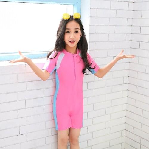 Summer quick-drying zipper one-piece childrens swimsuit medium to large childrens pure color small fresh girls' swimsuit