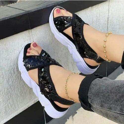 Hot Sale Summer New Style Womens Thick-soled Sequined PU Leather Sports Sandals Beach Shoes Fashion Personality Womens Shoes