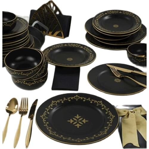 Matte Black Gold Dinnerware 24 Pieces for 6 Persons Посуда dinner plates pratos de jantar plate sets тарелки الشاي الص 접시