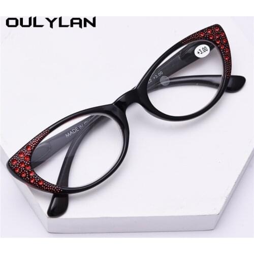 Oulylan Cat Eye Reading Glasses Women Fashion Diamond Presbyopic Eyeglasses Hyperopia Spectacles Ladies Eyewears Portable +2.0