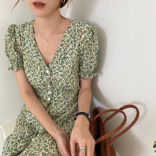 V-Neck Floral Print Single-breasted High Waist Mini Dress Lace Up Summer Party Dress Short Sleeve Split Long Dress Boho Beach