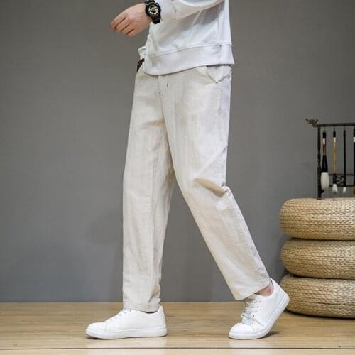 2021 Autumn Chinese Style Mens Pants Cotton Linen Pants Straight Pants Casual Mens Loose Trousers Fiberflax Kimono Pants Men