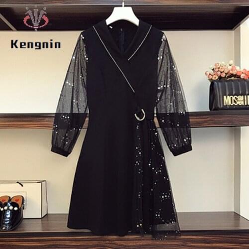 Autumn 2021 New Women Black Dresses Mesh Patchwork Ladies Party Dress Vestidos Loose Oversize Evening Dress Female Robe KE1785