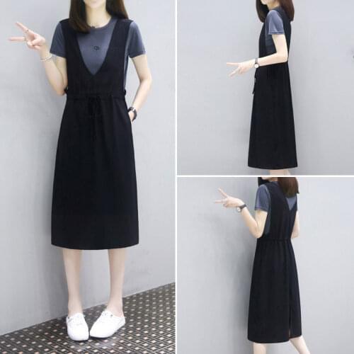 Dresses for Women 2021 Summer Casual Two Piece Set Short Sleeve Top and Black Spaghetti Strap Dress Sets Womens Outfits Y173