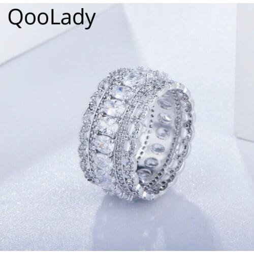 QooLady Beautiful Exquisite Big Wide lace Ring Round Shape Cubic Zircon Stone White Wedding Band for Women Party Jewelry F011
