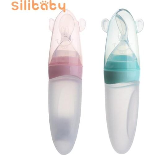 Silibaby Baby Bottle Baby Silicone Rice Milk Bottle Squeeze With Spoon Feeder Newborn Tableware Utensils Safe Food Cereal Bottle