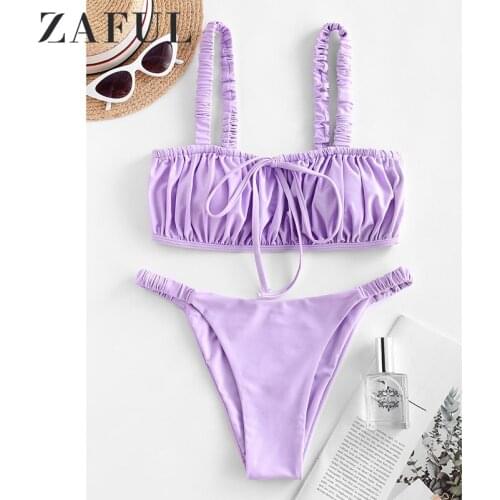 ZAFUL Sexy Elastic Straps Tie Ruched Bikini Swimsuit New Smocked Padded Tube Top Bikini Sets Solid High Cut Women Bikini Set