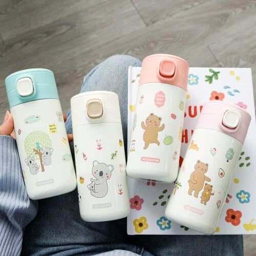 Cute Bear Thermos Water Bottle Stainless Steel Straight body Cartoon Vacuum Flask For Children Insulated Cup