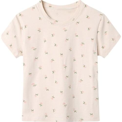 Slim Girls Soft Cotton O Neck Vintage T-shirt 2021 Summer Office Ladies Casual Women Floral Bottoming Short Top