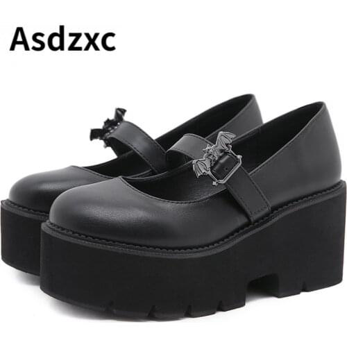 Vintage Lolita Bat Platform Mary Jane Shoes Women Block Heels Gothic Punk Style Black Women Pumps Plus Size 43 Drop Ship