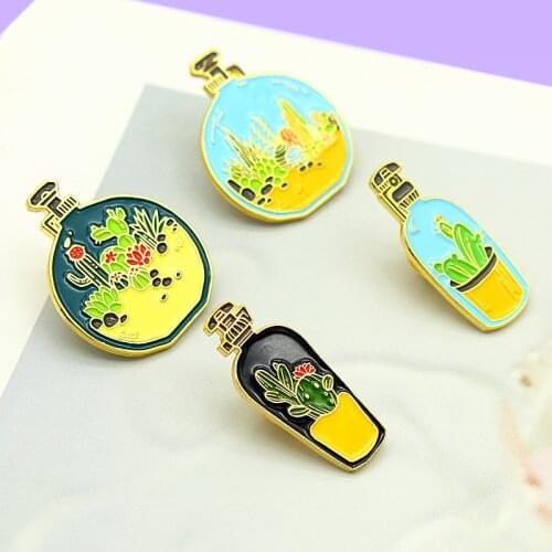 XEDZ Cartoon Water Bottle Lapel Brooch Desert Plant Cactus Potted Oil Drop Badge Fashion Custom Metal Pin Jewelry Gift 2021 New