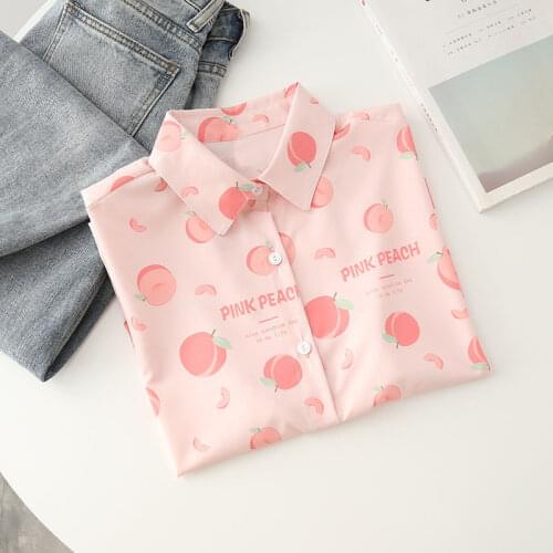 XEJ Japanese Kawaii Shirt Woman Tops for Women Summer Tunics Short Sleeve Tees Peach Print Chiffon Blouse for Women Elegant