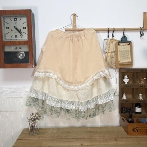 Cotton and Linen Lace Multi-layered Forest Sweet Mori Girl Elastic Waist Mid-calf Princess Bust Skirt for Women Casual Faldas