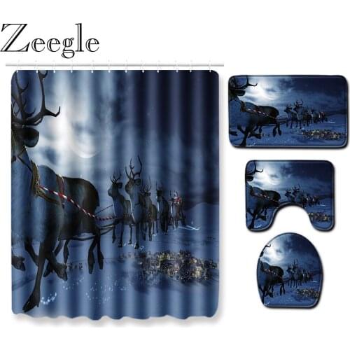 Zeegle Waterproof Shower Curtain Christmas Bath Curtain Washable Toilet Cover Mat Absorbent Bathroom Rug Set Shower Carpet