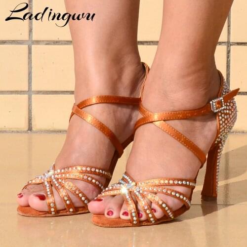 Ladingwu Rhinestone Latin Dance Shoes Women Salsa Ballroom Shoes Cuba High Heel 10cm Waltz Software Shoes Bronze Skin Black