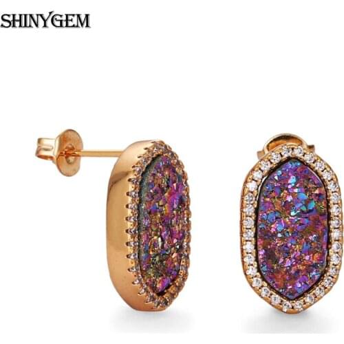 ShinyGem 2020 Fashion Natural Oval Crystal Druzy Hexagon Chakra Stone Earrings For Women Gold Plating Colorful Stud Earrings