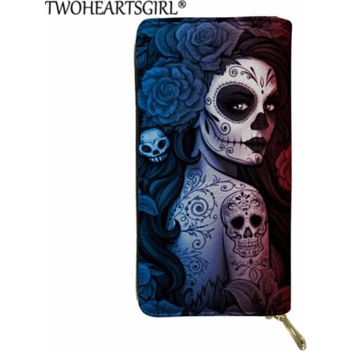 Twoheartsgirl Day of the Dead Sugar Skull Girls Women Wallet Travel Portable Gothic Purse Leather Long Purse Money Bag Clutch