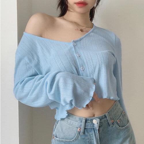 Korean Style Womens Knitted Crop Tops Solid Sexy V-Neck Short Cardigan Mujer Loose Long Sleeve Thin Sweater Woman Top Aesthetic