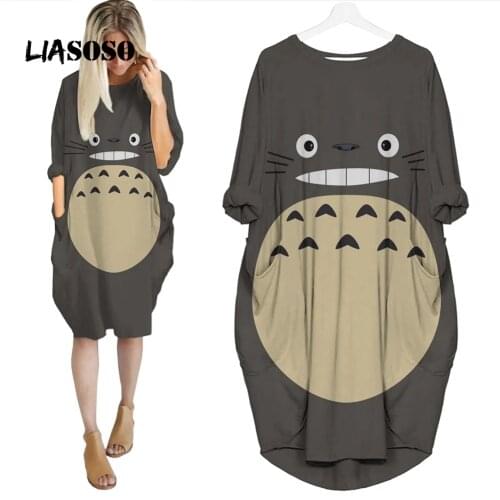 LIASOSO Anime Totoro Dress 3D Printing Girls Street Interesting Fashion Trend Wild Loose Long Sleeve Over The Knee Dress Womens