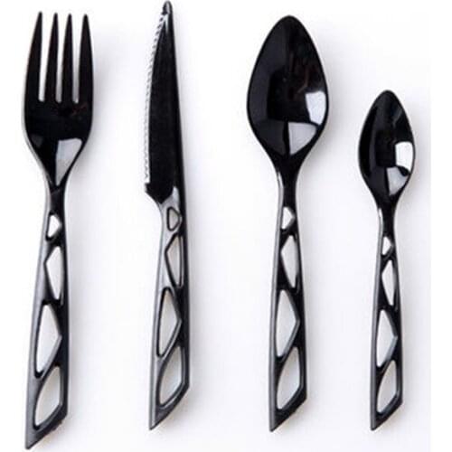 Disposable black knife and fork spoon hard plastic ladle spoon western steak knife and fork spoon tableware hollow fork 50/set