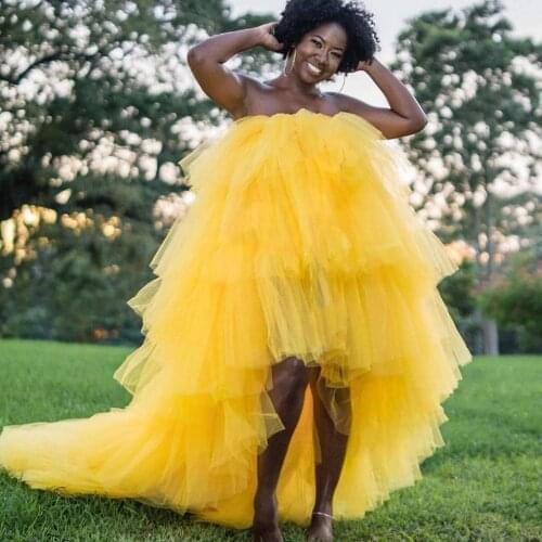 Ball Gown Tulle Dresses High Low Long Train Prom Gowns Extra Puffy Layered Tiered Tulle Special Occasion Dress Robe de soiree