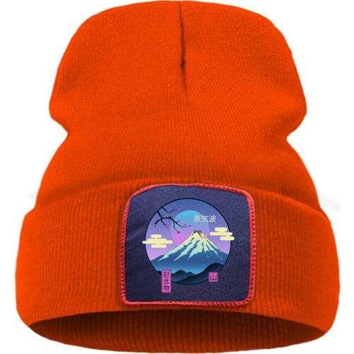 Cherry blossom fuji Mountain Comics Ski Print Beanie Hat Wool Hot Sale Hat Thick Flexible Knitted Hats Quality Comfort Cap
