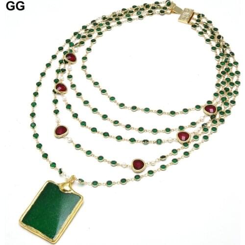 GG 5 Rows 18'' White Pearl Green Red Crystal Chain Necklace Green Agates Pendant Handmade Vintage Party Style For Women Jewelry