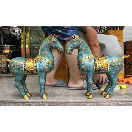 Chinese Dynasty Palace Copper Cloisonne Feng shui Horse Statue Pair creative decorations