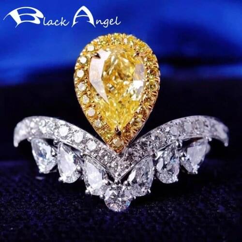 BLACK ANGEL Water Drop Shaped Luxury Citrine Gemstone Princess Crown Adjustable Ring For Women 925 Silver Jewelry Wedding Gift