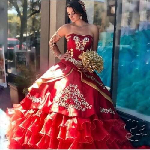 Vestidos de quinceañera Red Quinceanera Dress Sweetheart Satin Tiered Skirt Mexican Sweet 16 Dress
