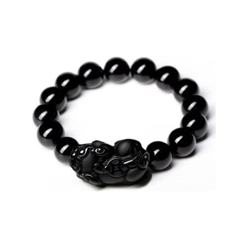 Healing Crystals Obsidian Bracelets Feng Shui Black Tourmaline lemurian quartz crystals Bead Diameter 12mm * 14 with a pixiu