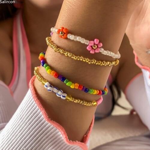 Hot Sale Colorful Hand-woven Beaded Multi Layer Charm Bracelet For Women 2021 Trend Elastic Y2k Jewelry Flowers Accessories