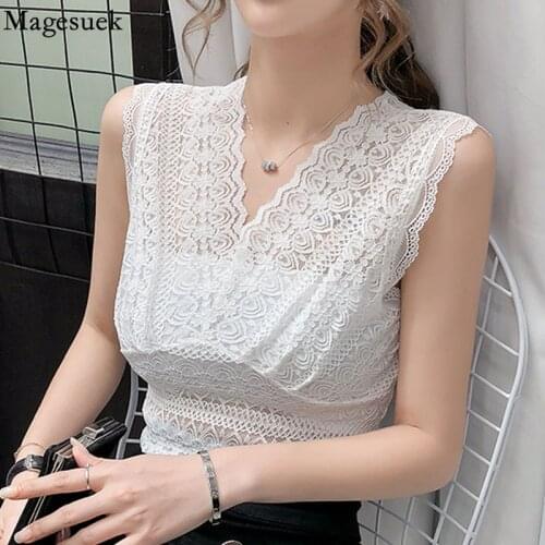V-neck Korean Lace Tank Top Women Sleeveless Sexy Tops 2021 New Hollow Out Fashion Clothes Bottoming Vest Blusas Mujer 14917