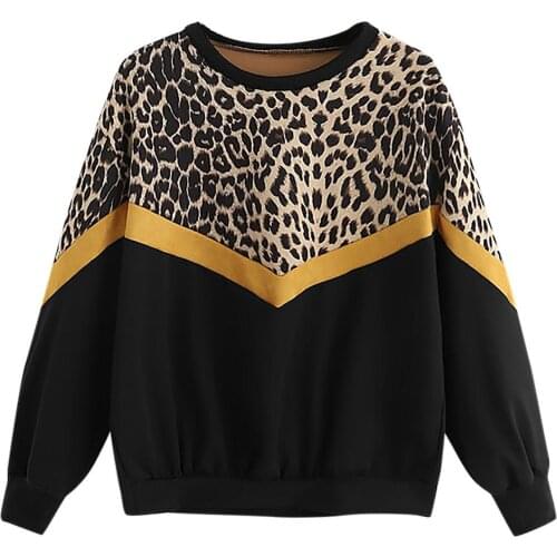 Fashion Womens Casual Long Sleeve Patchwork Leopard Print O-Neck Tops Sweatshirt Ladies Elegant 2019 Autumn Winter Loose Tops