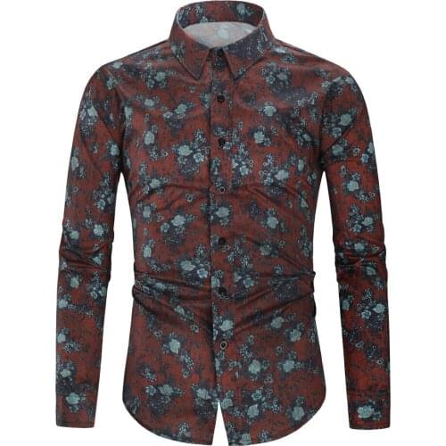 Mens Long-Sleeved Shirt Lapel Single-Breasted Retro Printed Cotton Polyester Blended Flowers Slim Fit Male For Casual Shirt