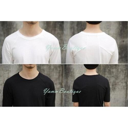 Mens Viscose Cotton Raw Edges Elongated Short Sleeve Low Long Wide Neck Lengthen Extended Oval Tee Tshirt